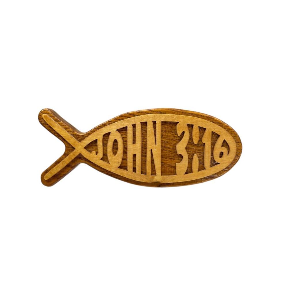 Wooden Ichthys Jesus Fish Wall Hanging John 3:16 11.5" Lasercut